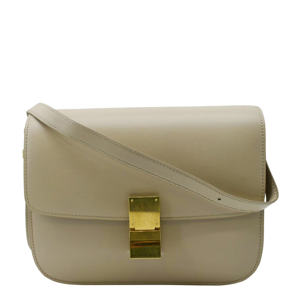 CELINE Classic Box Medium  Leather Flap Shoulder Bag Griege