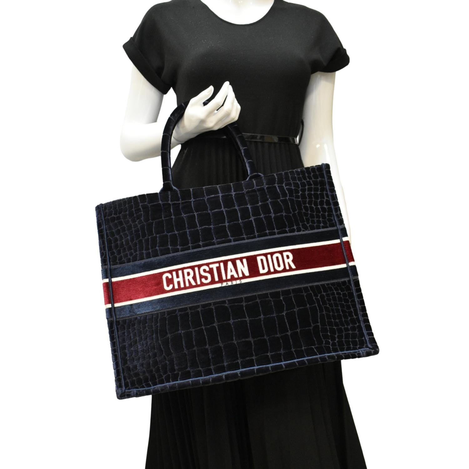 CHRISTIAN DIOR Large Book Embossed Velvet Tote Bag Navy