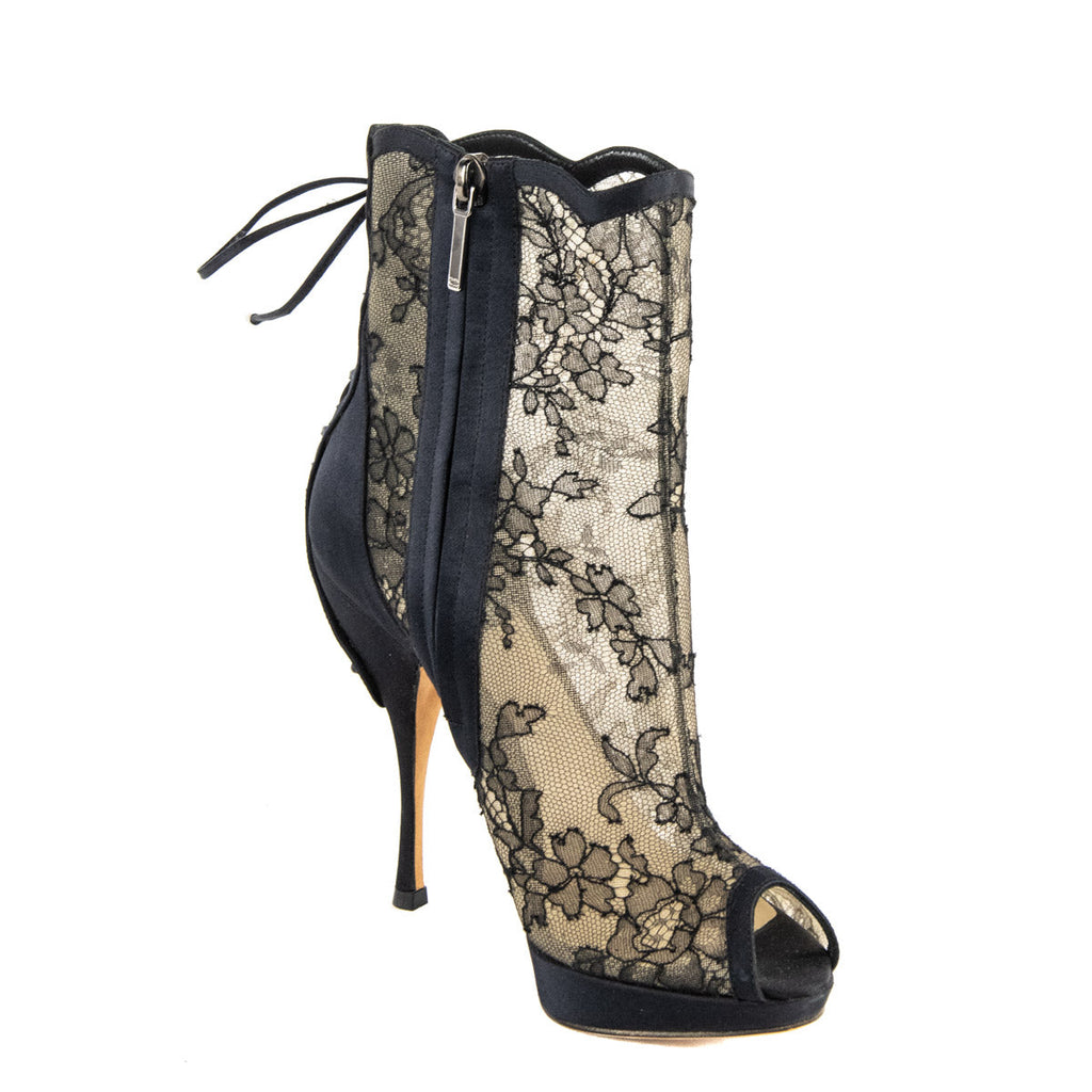 Dior Black Lace Platform Peep Toe Booties Size US 5 | EU 35