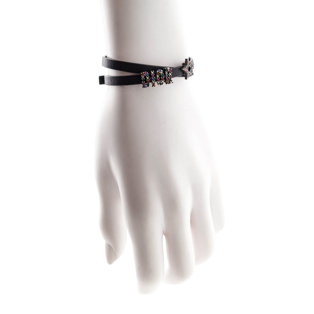 Dior Black Leather Crystal Embellished Double Wrap Bracelet