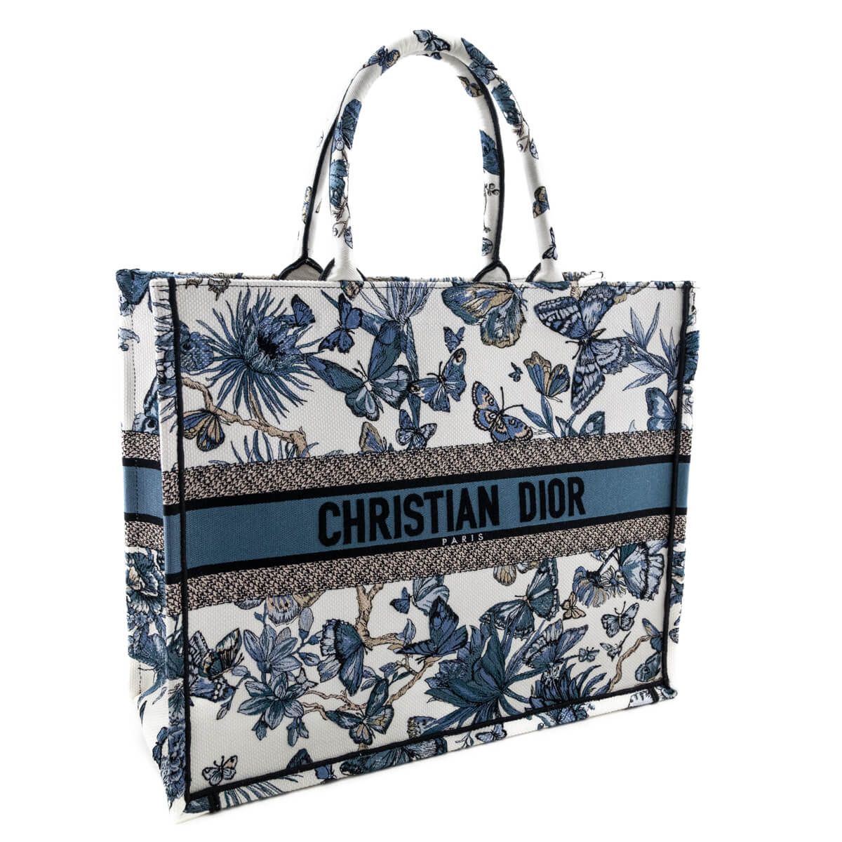 Dior Blue Canvas Embroidered Butterfly 2023 Large Book Tote