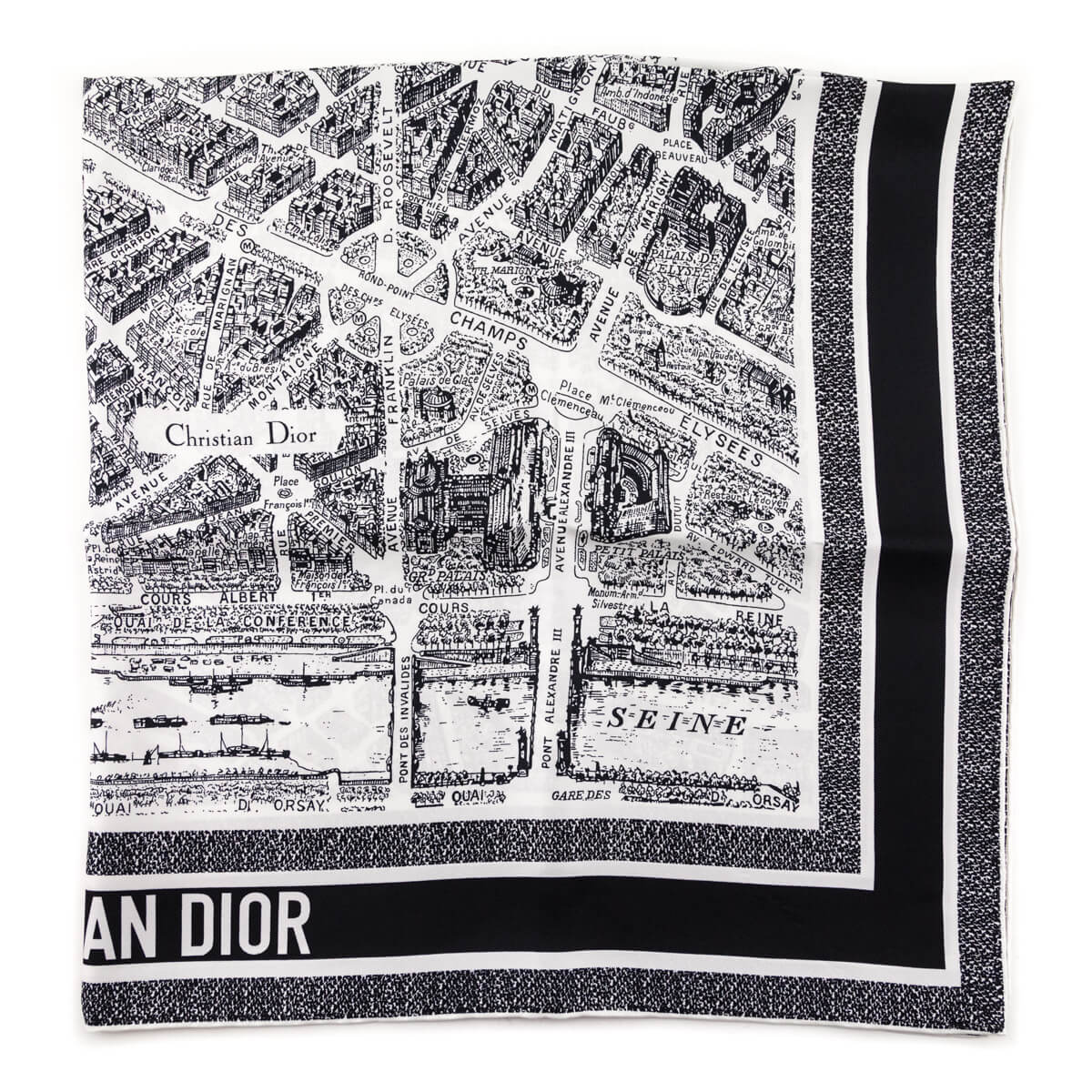Dior White & Black Plan de Paris Silk Scarf 90