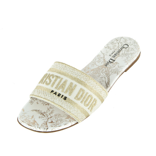 Dior White & Pale Gold DWay Jardin D'Hiver Slide Sandals Size US 8 | EU 38