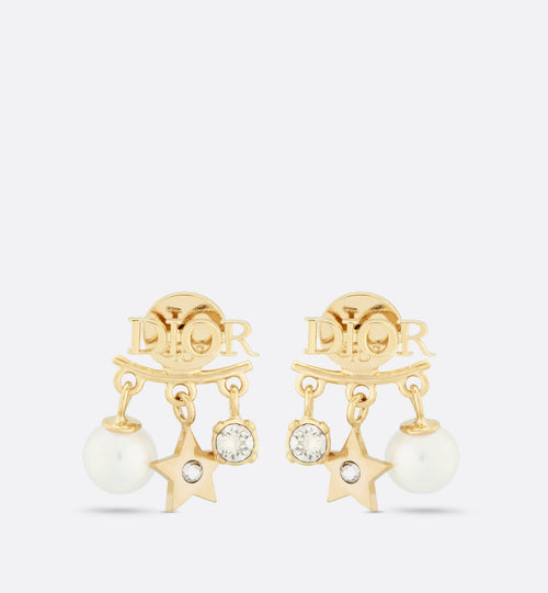 DioREvolution Earrings Gold Finish Metal White Resin Pearls And White Crystals