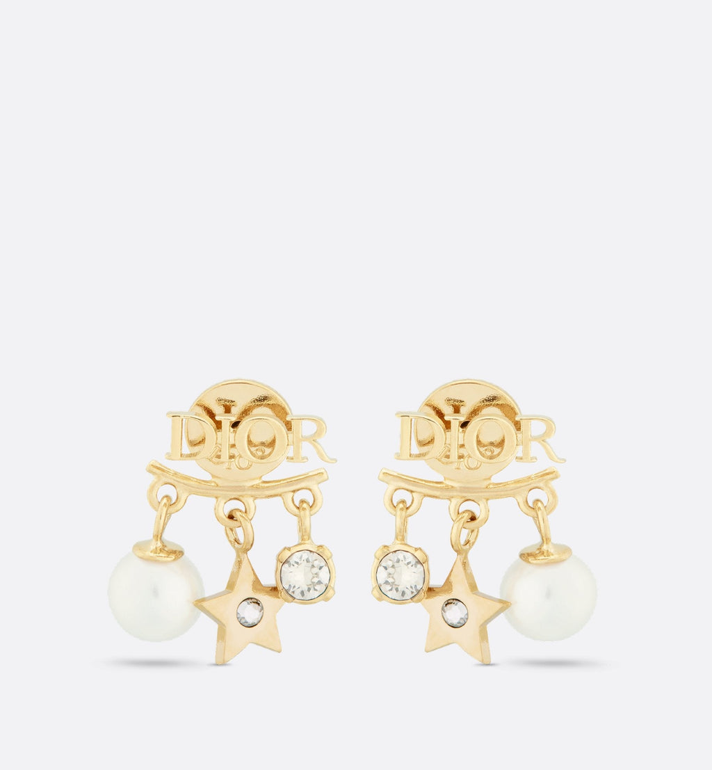 DioREvolution Earrings Gold Finish Metal White Resin Pearls And White Crystals