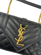 SAINT LAURENT - Black Grain De Poudre Triquilt Small Envelope Flap Bag