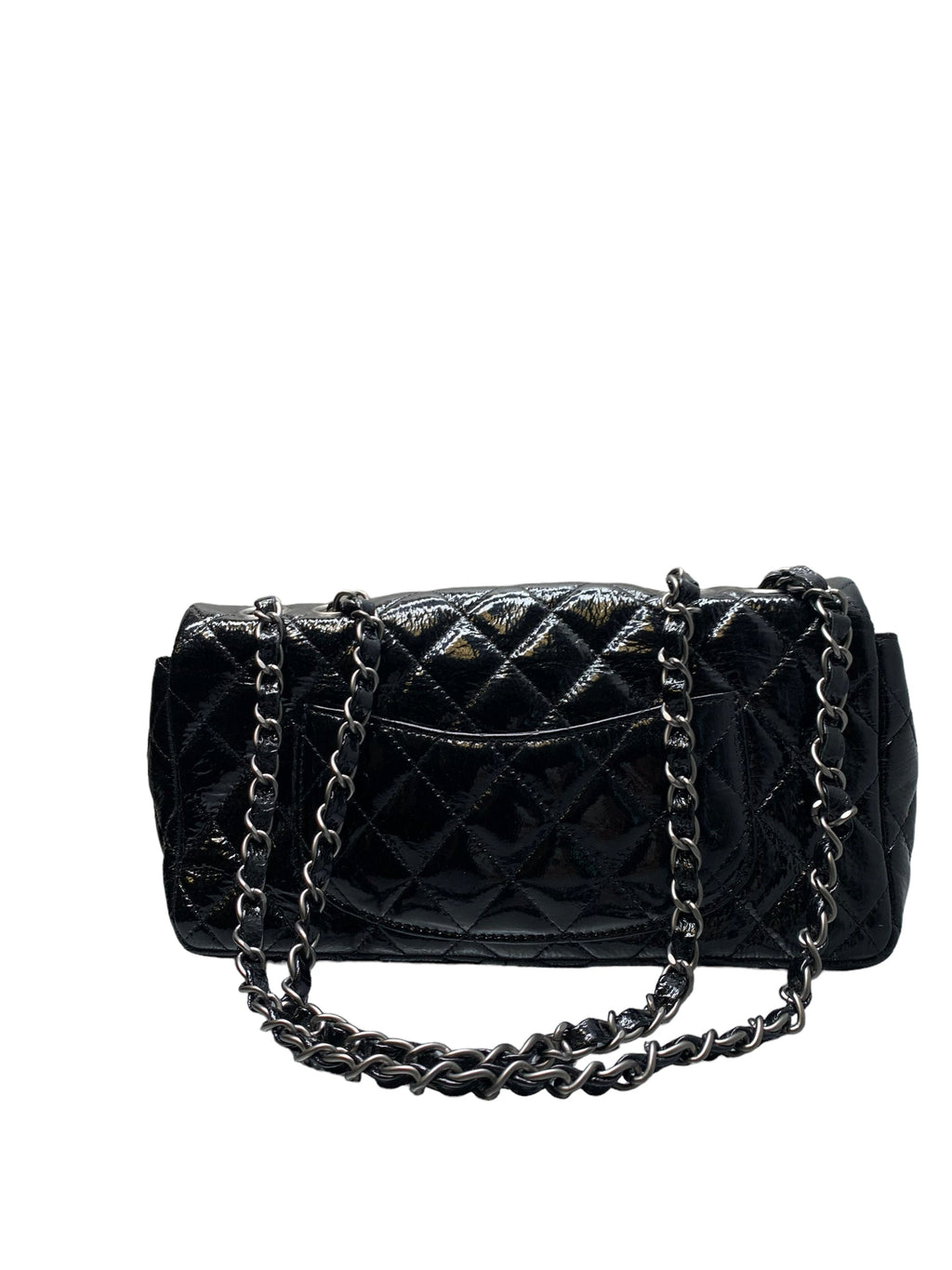 CHANEL- Black Patent Leather Quilted Medium Flap