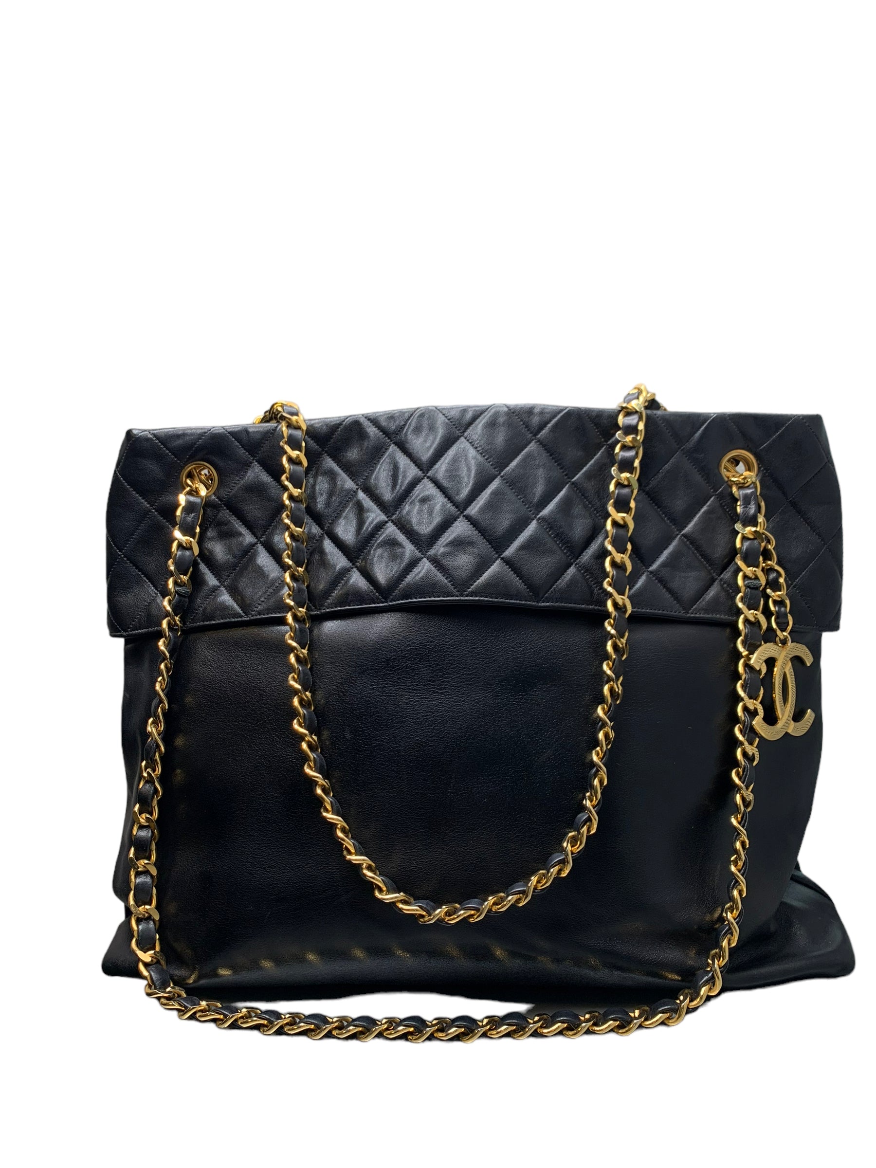 CHANEL- Quilted Black Lamb Chain Tote Shoulder Bag