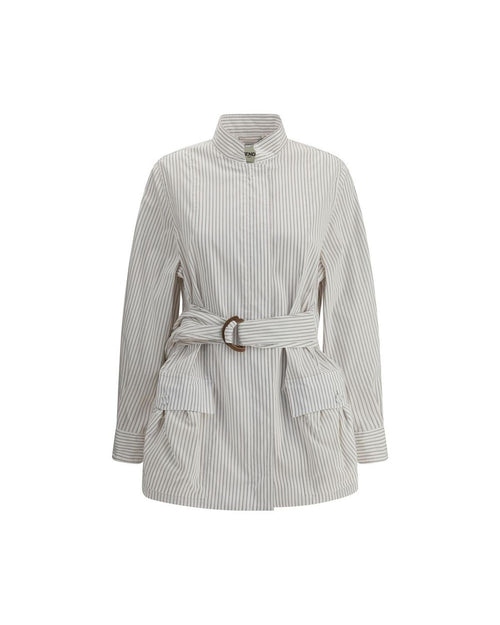Fendi Striped Belted Shirt Jacket Women White Coats
