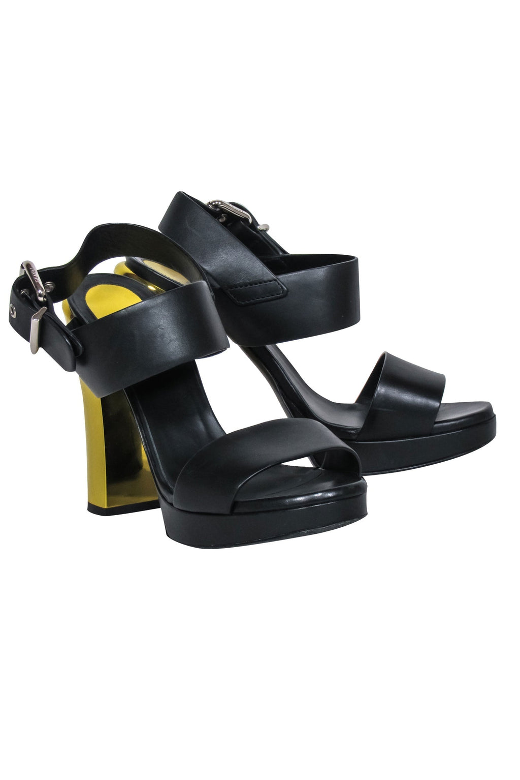 Fendi - Black Leather Open Toe Pumps w/ Gold Heel Sz 6.5
