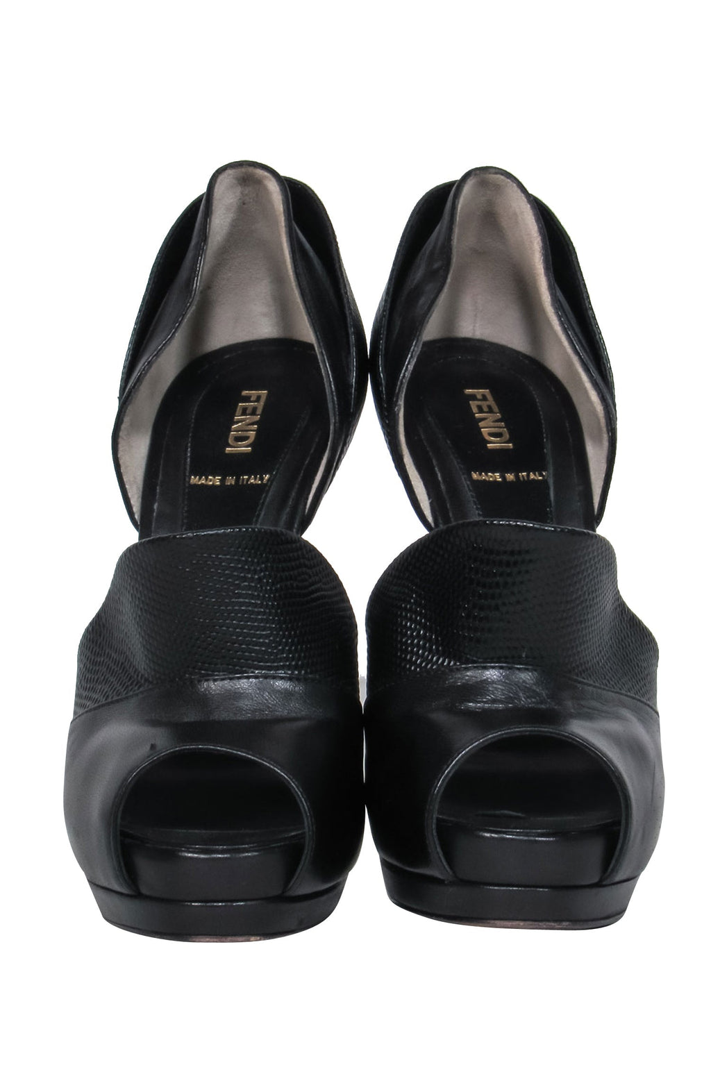 Fendi - Black Leather Peep Toe Platform Stilettos w/ Textured Trim Sz 8