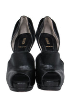 Fendi - Black Leather Peep Toe Platform Stilettos w/ Textured Trim Sz 8