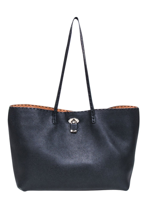 Fendi - Black Pebbled Leather Open Top Tote Bag