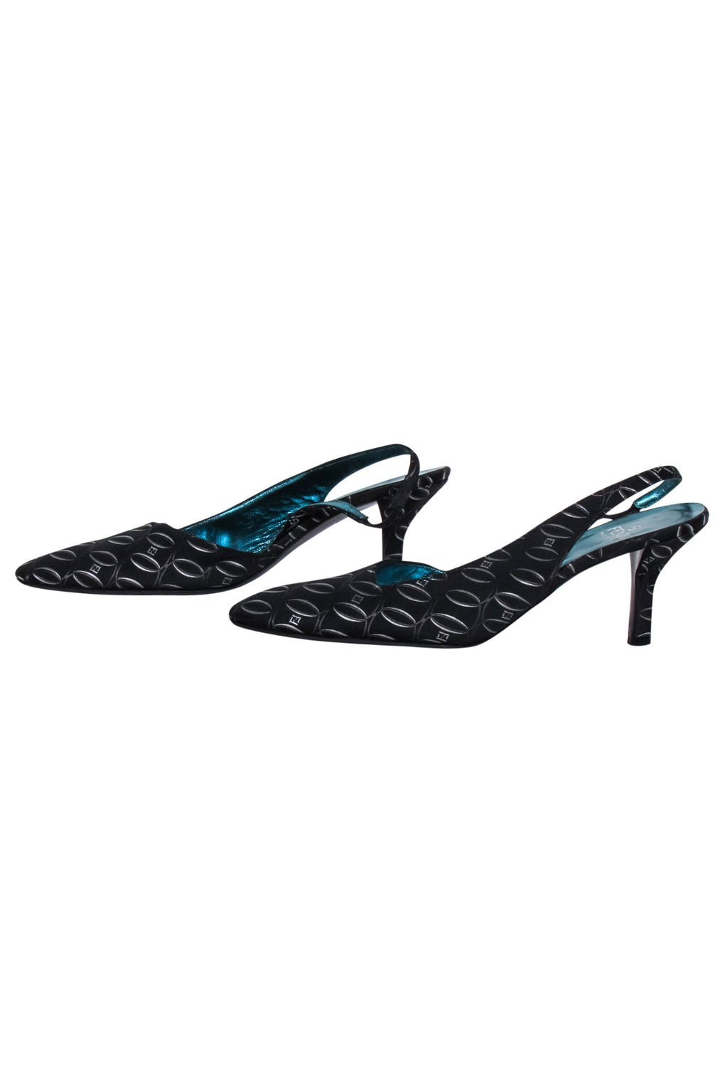 Fendi - Black w/ Silver Logo Print Slingback Pumps Sz 7.5