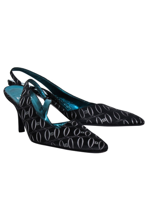 Fendi - Black w/ Silver Logo Print Slingback Pumps Sz 7.5