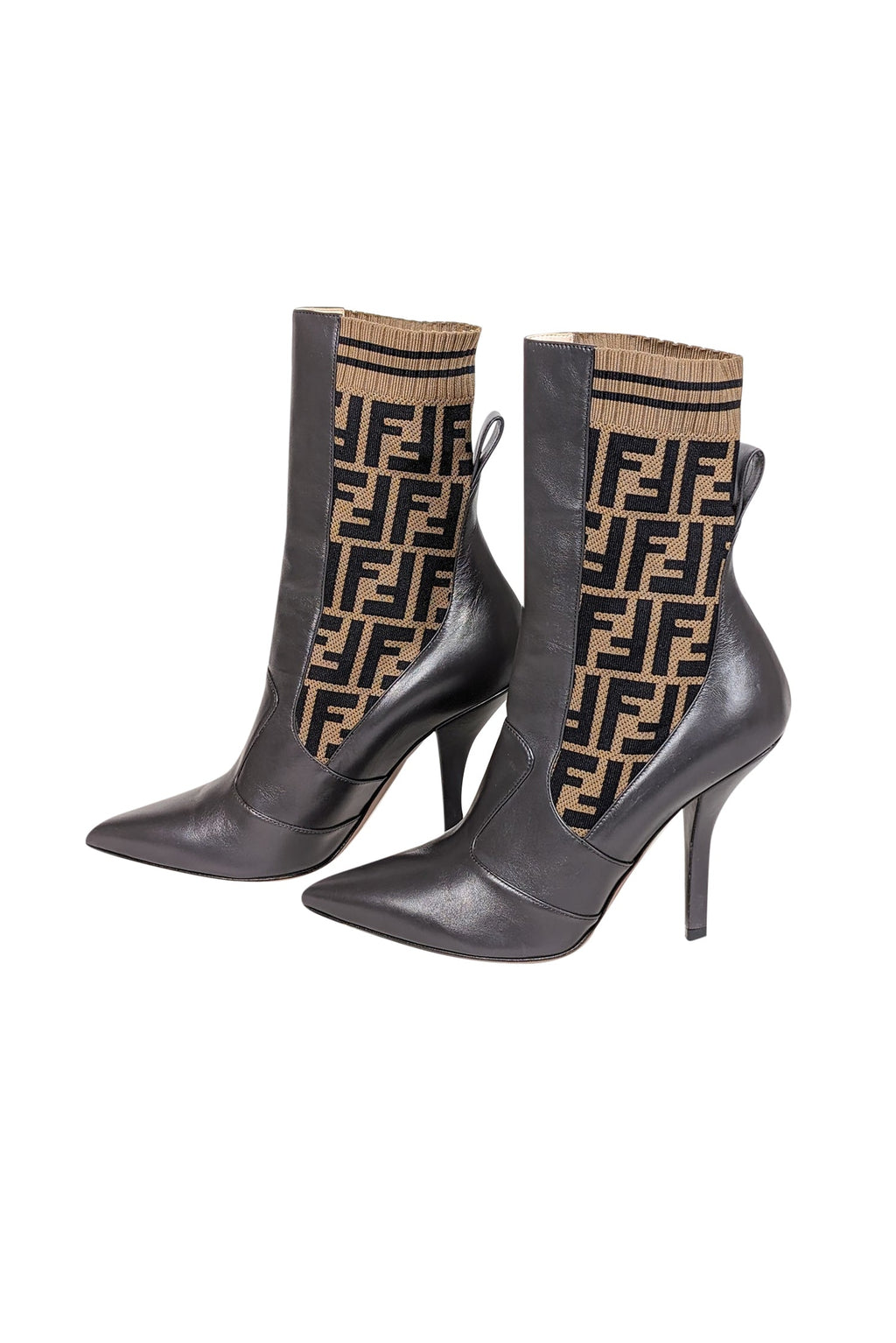 Fendi - Brown Leather & Monogram "FF" Knit Short Boots Sz 11