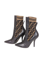 Fendi - Brown Leather & Monogram "FF" Knit Short Boots Sz 11