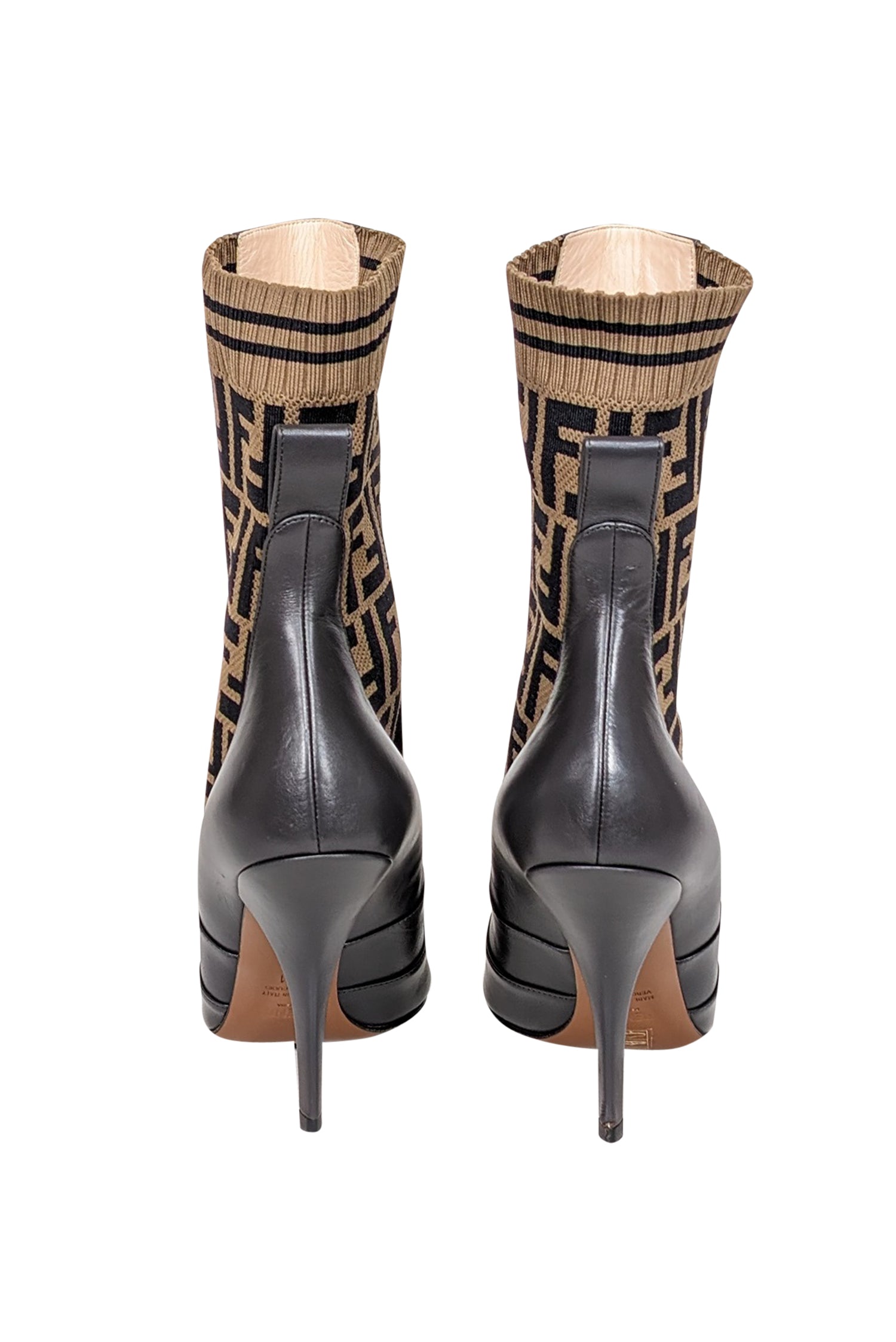 Fendi - Brown Leather & Monogram "FF" Knit Short Boots Sz 11