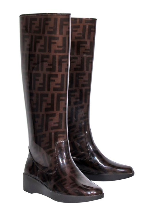 Fendi - Brown Monogram Print Platform Rain Boots Sz 5
