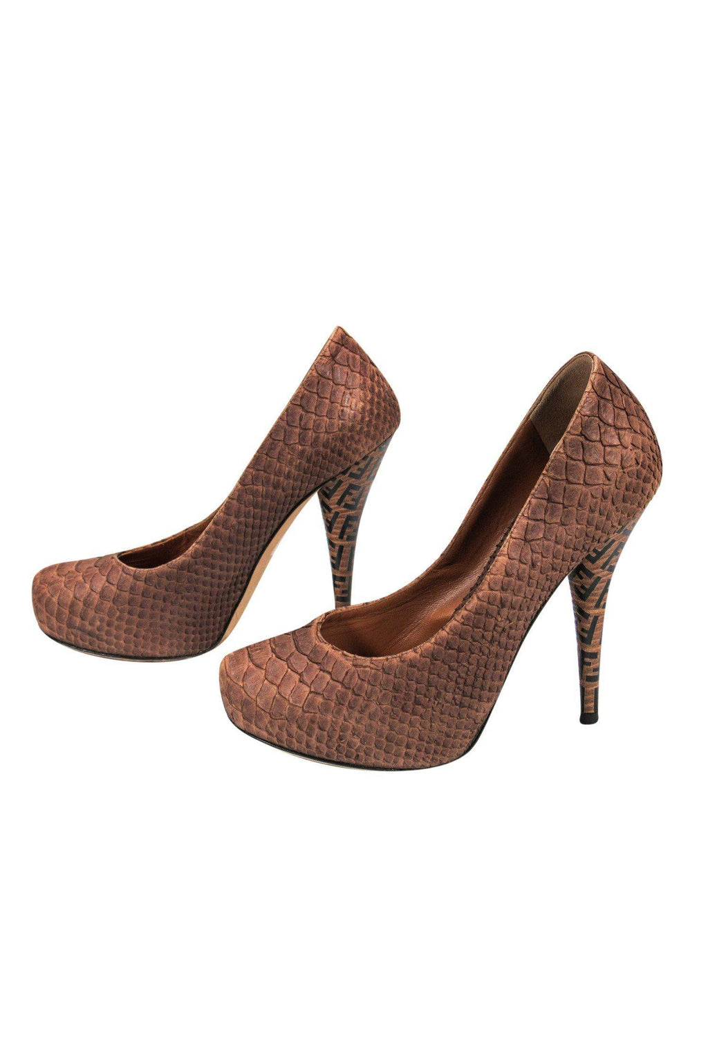 Fendi - Brown Snakeskin Platform Pumps w/ Monogram Heels Sz 6.5