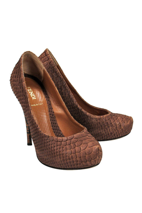 Fendi - Brown Snakeskin Platform Pumps w/ Monogram Heels Sz 6.5