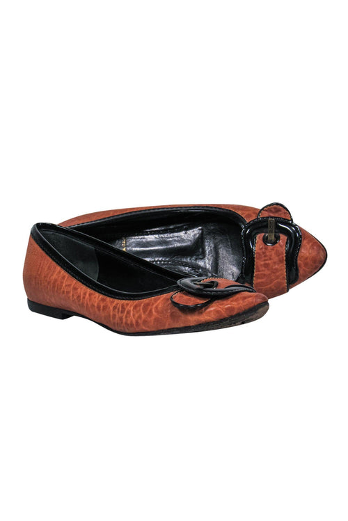 Fendi - Brown Textured Leather Buckle Flats Sz 7.5
