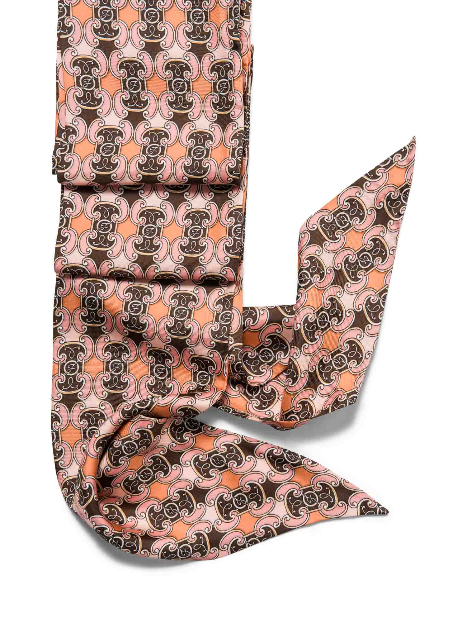 Fendi F Logo Silk Long Twilly Scarf Pink Brown