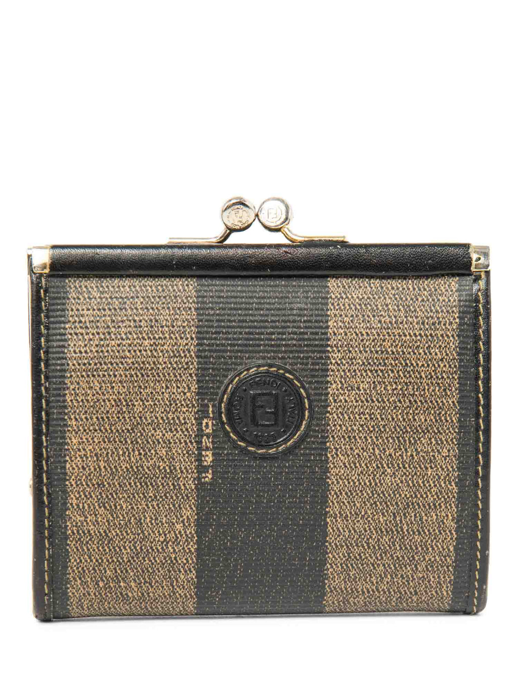 Fendi FF Logo Canvas Kiss lock Wallet Brown Black