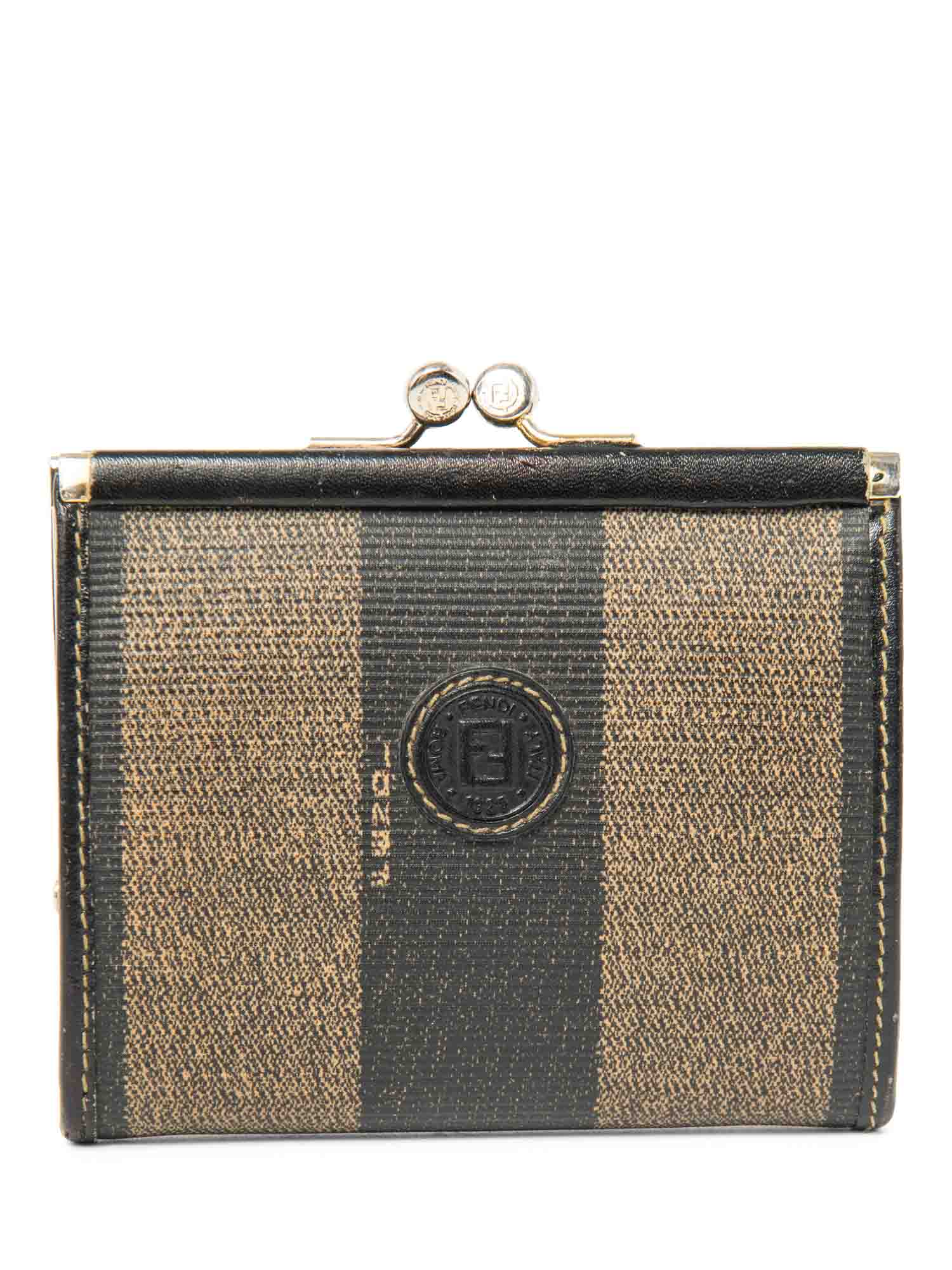 Fendi FF Logo Canvas Kiss lock Wallet Brown Black