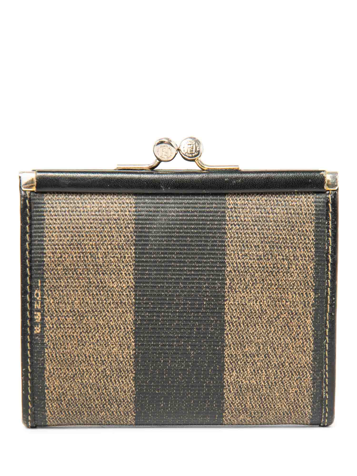 Fendi FF Logo Canvas Kiss lock Wallet Brown Black