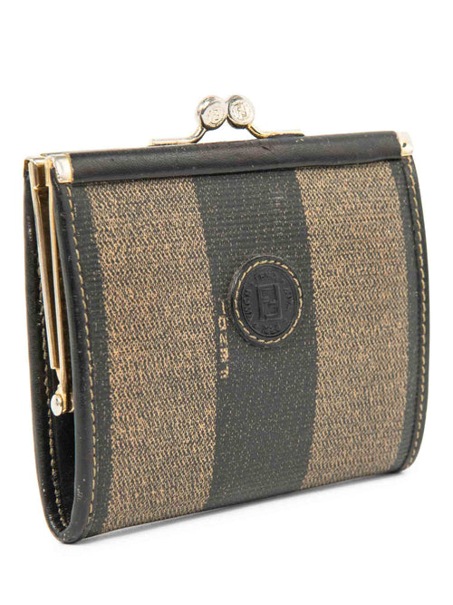 Fendi FF Logo Canvas Kiss lock Wallet Brown Black