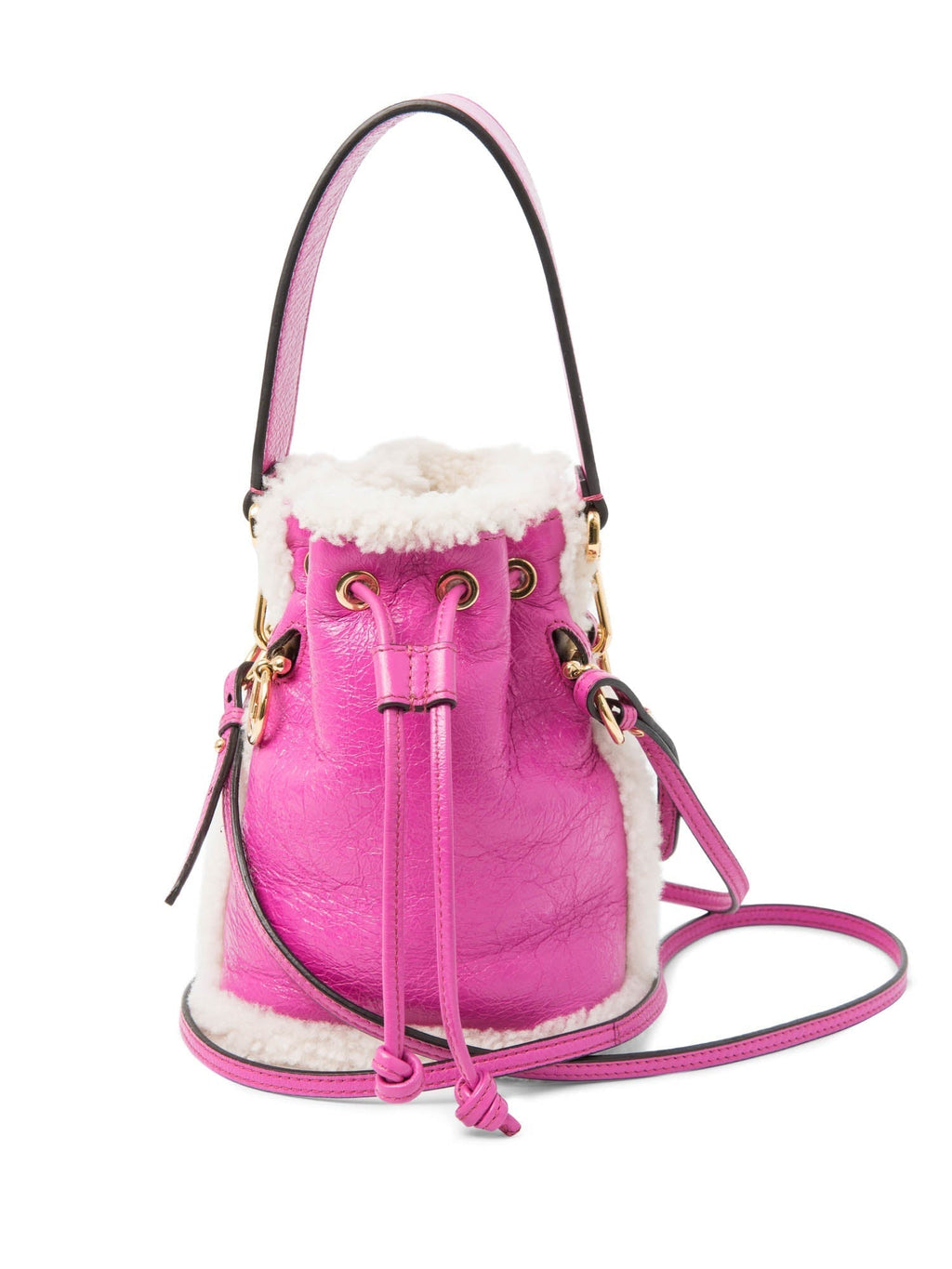 Fendi FF Logo Leather Shearling Mon Tresor Mini Bucket Bag Pink Gold