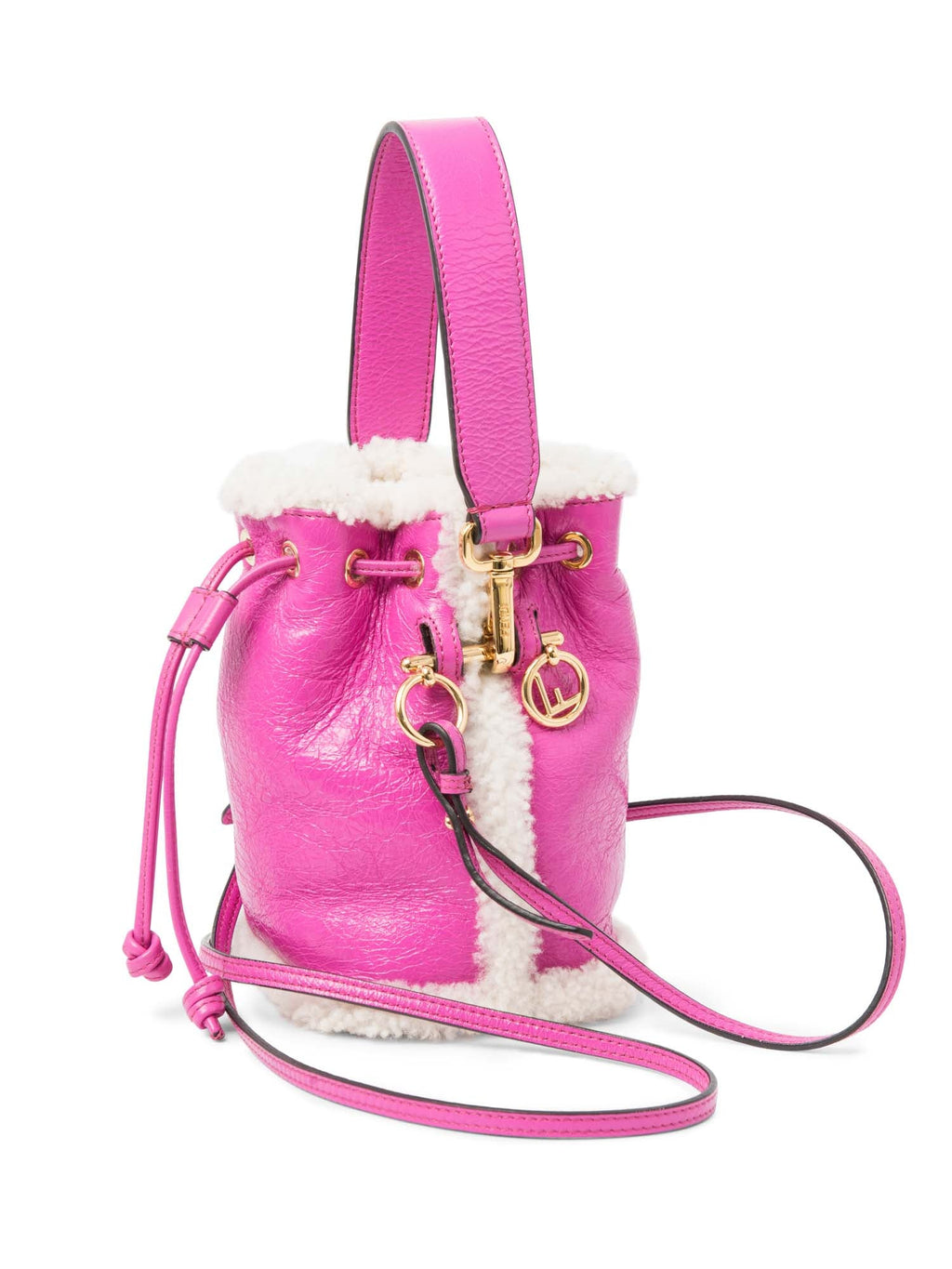 Fendi FF Logo Leather Shearling Mon Tresor Mini Bucket Bag Pink Gold