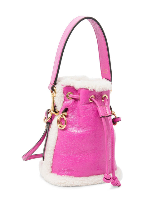Fendi FF Logo Leather Shearling Mon Tresor Mini Bucket Bag Pink Gold