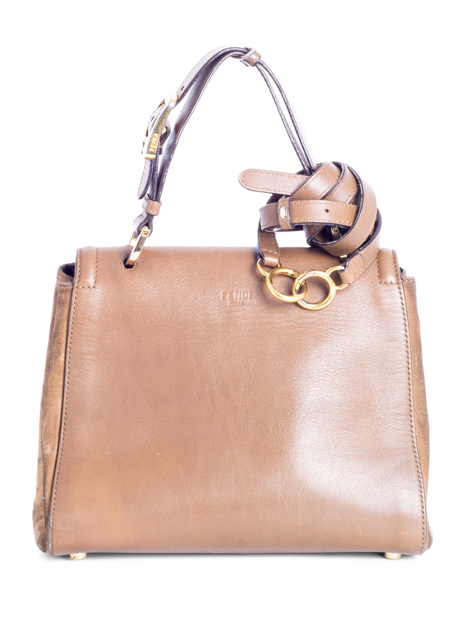 Fendi FF Logo Leather Suede Top Handle Bag Brown