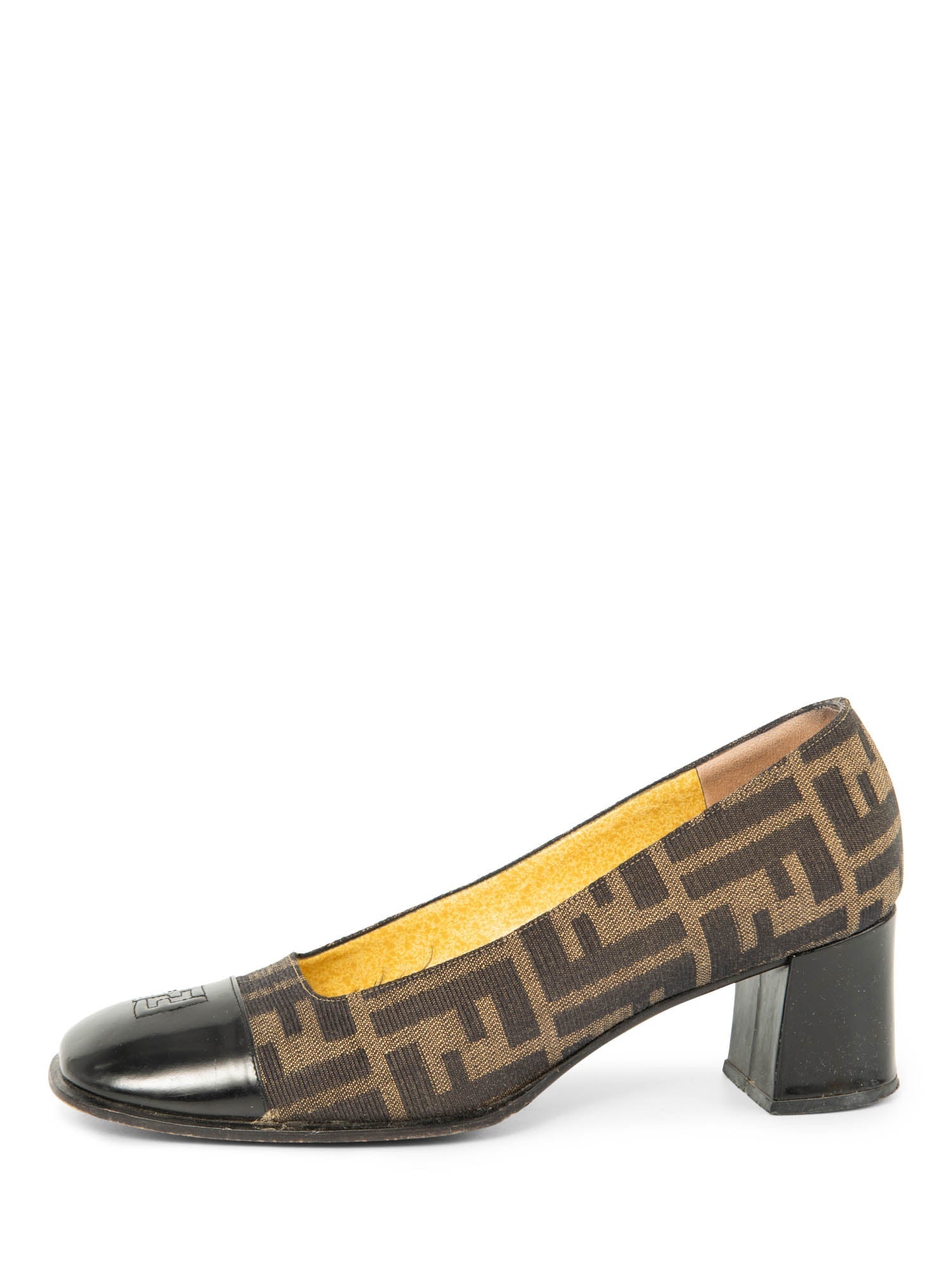Fendi FF Logo Zucca  Cap Toe Block Heel Shoes Brown Black
