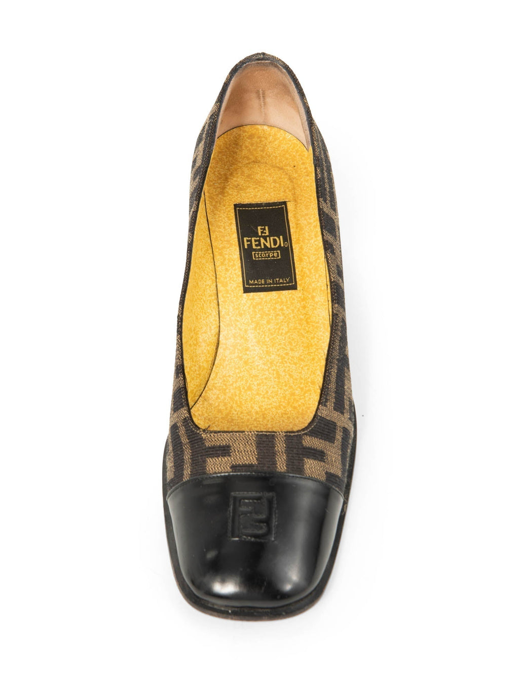 Fendi FF Logo Zucca  Cap Toe Block Heel Shoes Brown Black