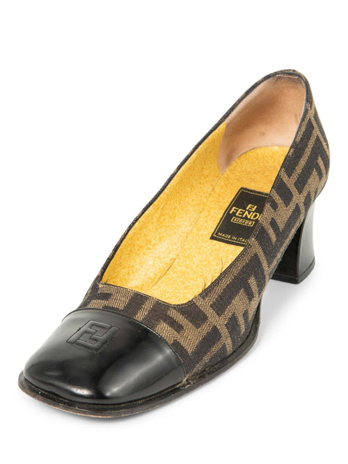 Fendi FF Logo Zucca  Cap Toe Block Heel Shoes Brown Black