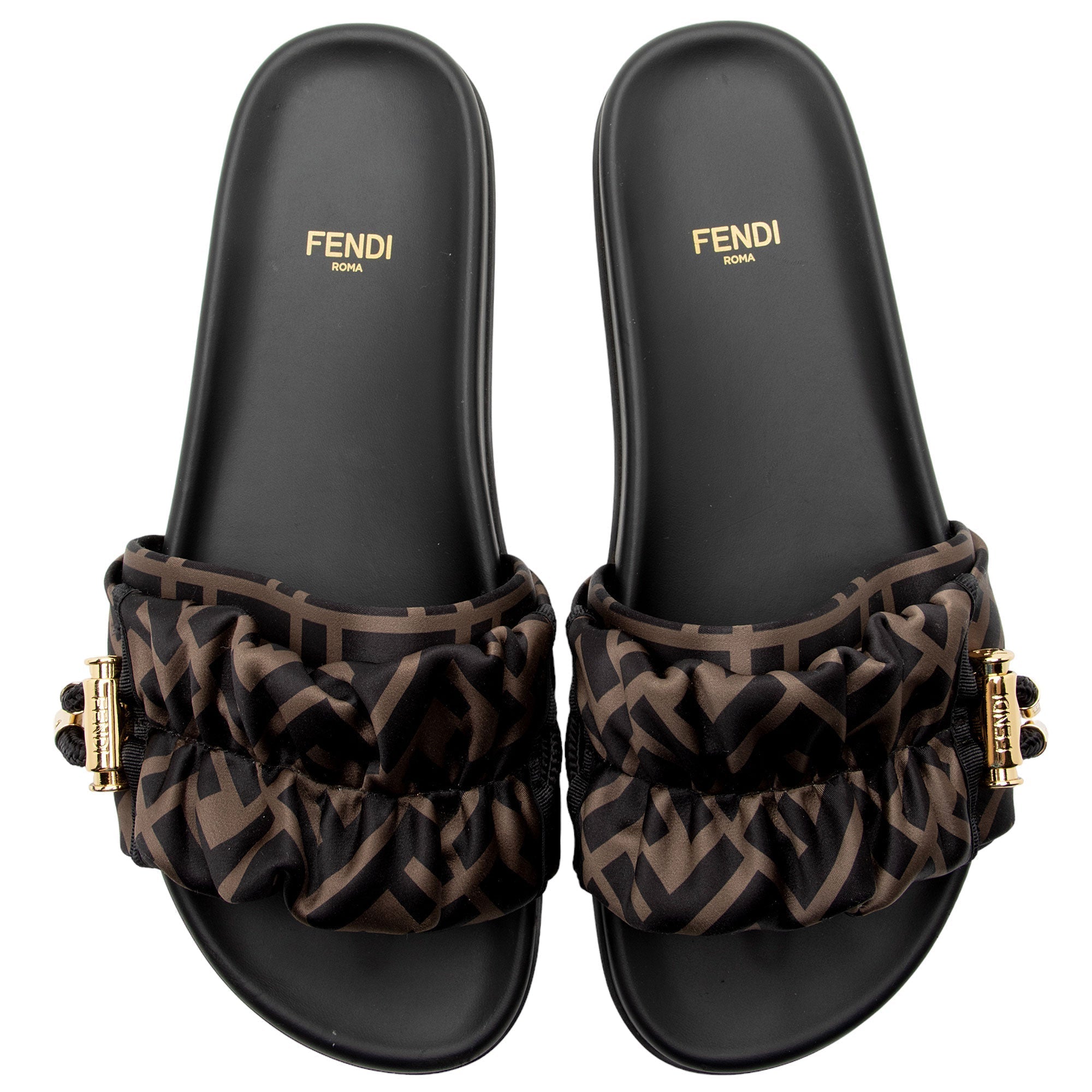 Fendi Satin FF Feel Slides - Size 8 / 38 (SHF-RuHXur)