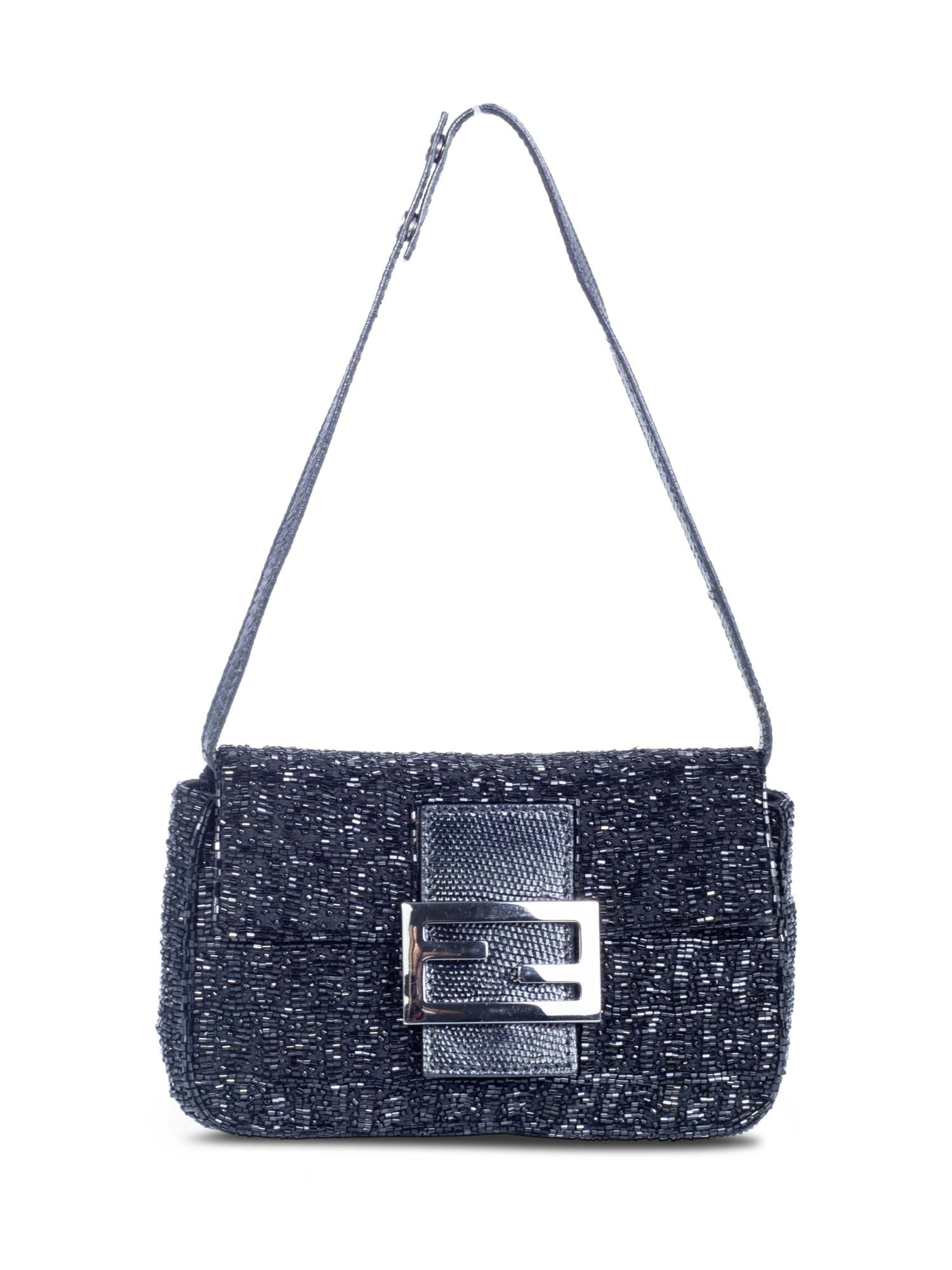 Fendi Logo Beaded Lizard Mini Flap Bag Black