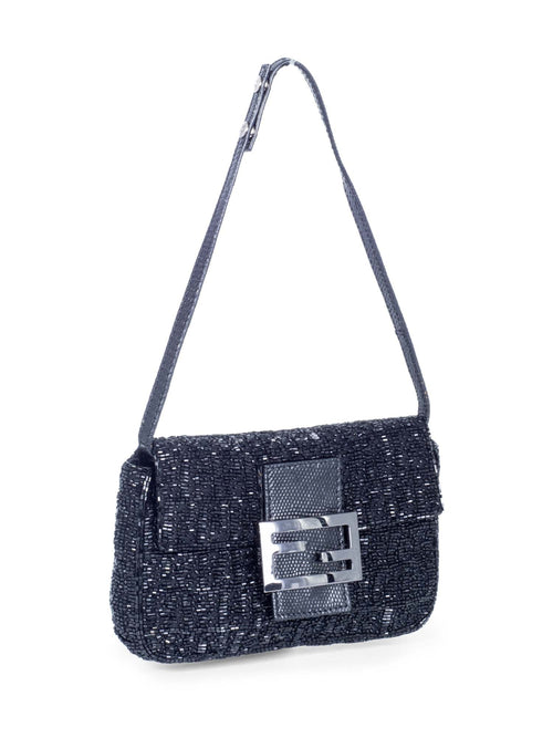Fendi Logo Beaded Lizard Mini Flap Bag Black