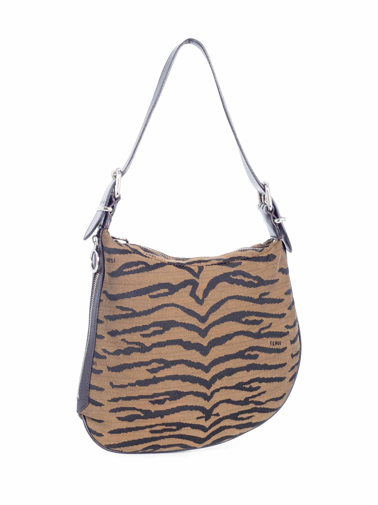 Fendi Logo Leather Canvas Animal Print Hobo Bag Brown