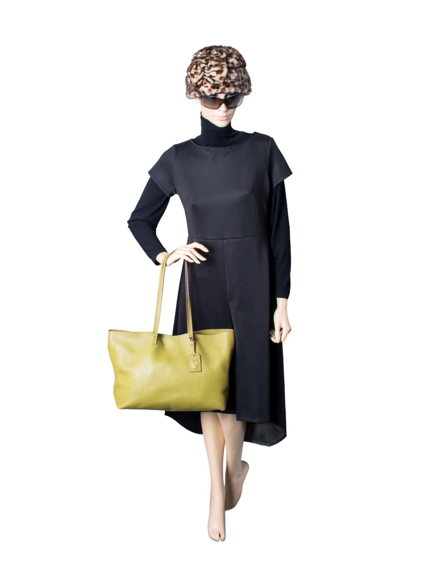 Fendi Logo Pebble Leather Shopper Bag Olive Green
