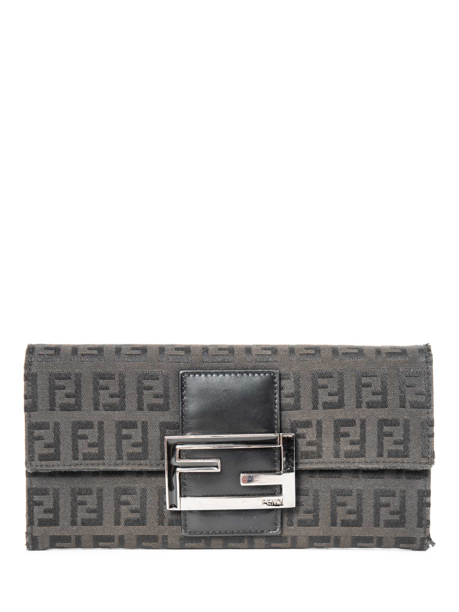 Fendi Logo Zucca Leather Buckle Wallet Black Silver