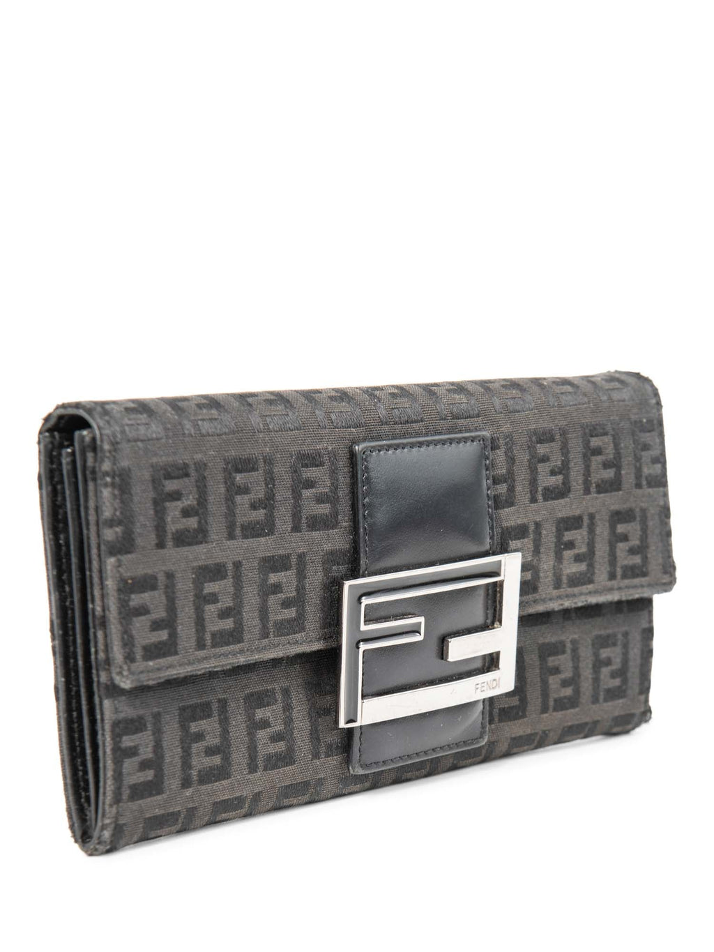 Fendi Logo Zucca Leather Buckle Wallet Black Silver