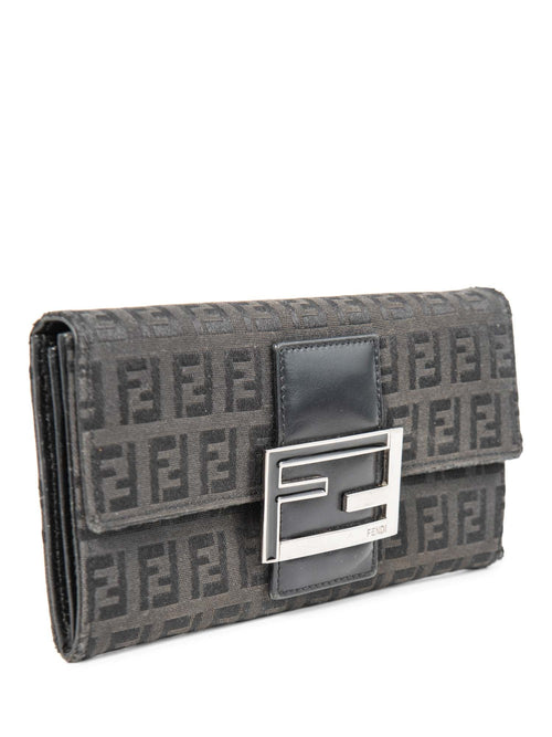 Fendi Logo Zucca Leather Buckle Wallet Black Silver