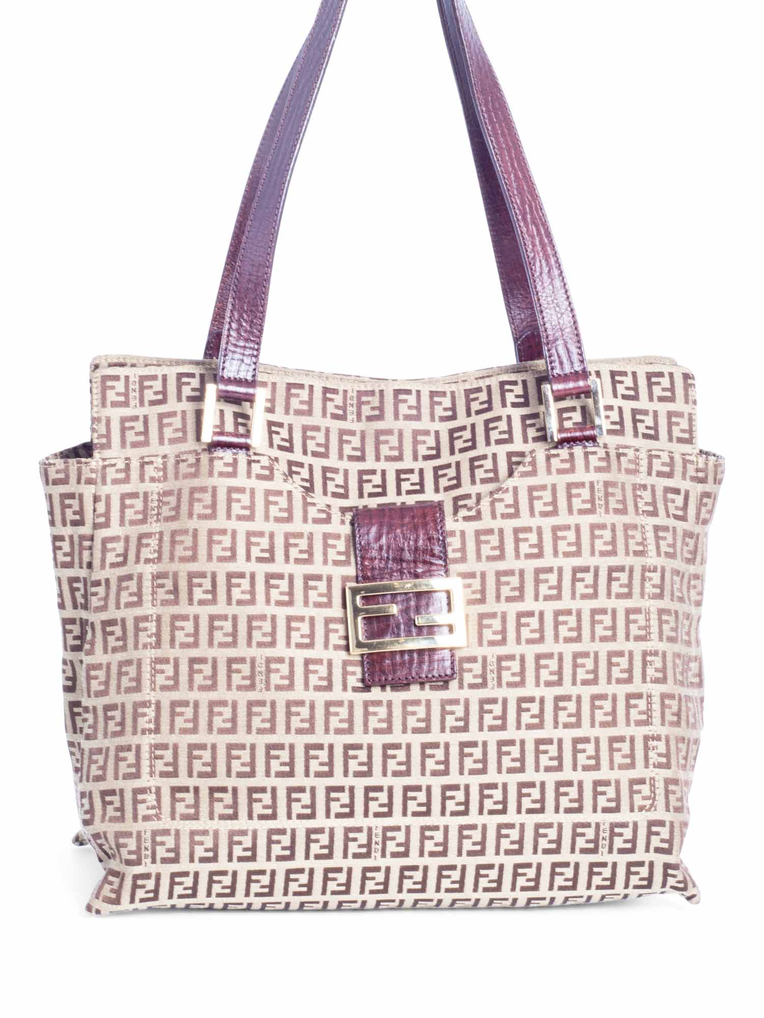 Fendi Logo Zucchino Supreme Monogram Leather Buckle Tote Brown