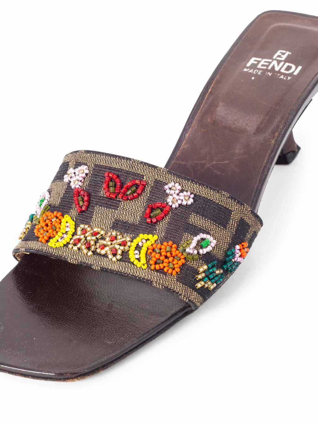 Fendi Monogram Zucca Beaded Kitten Heel Sandals Brown