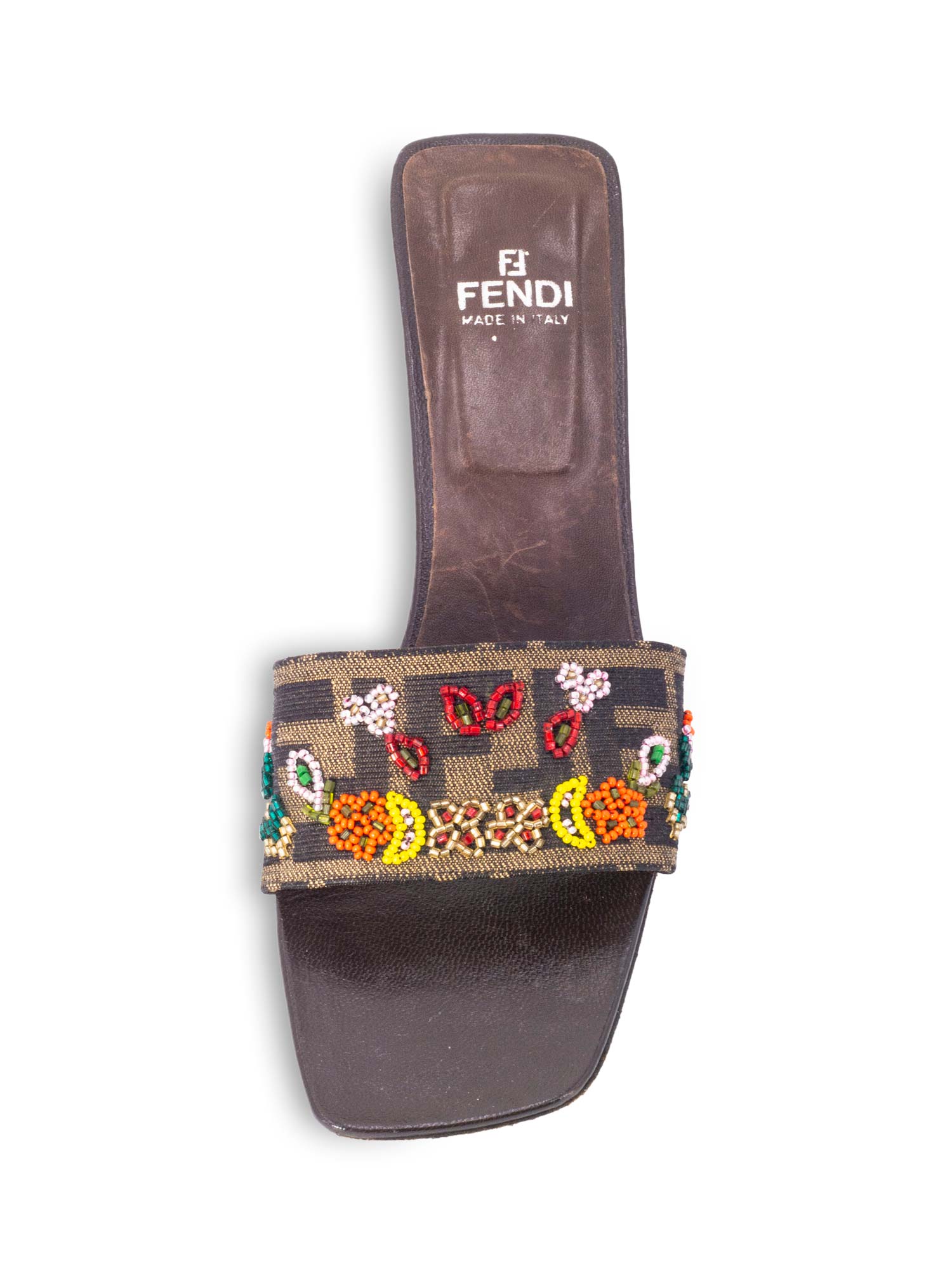 Fendi Monogram Zucca Beaded Kitten Heel Sandals Brown