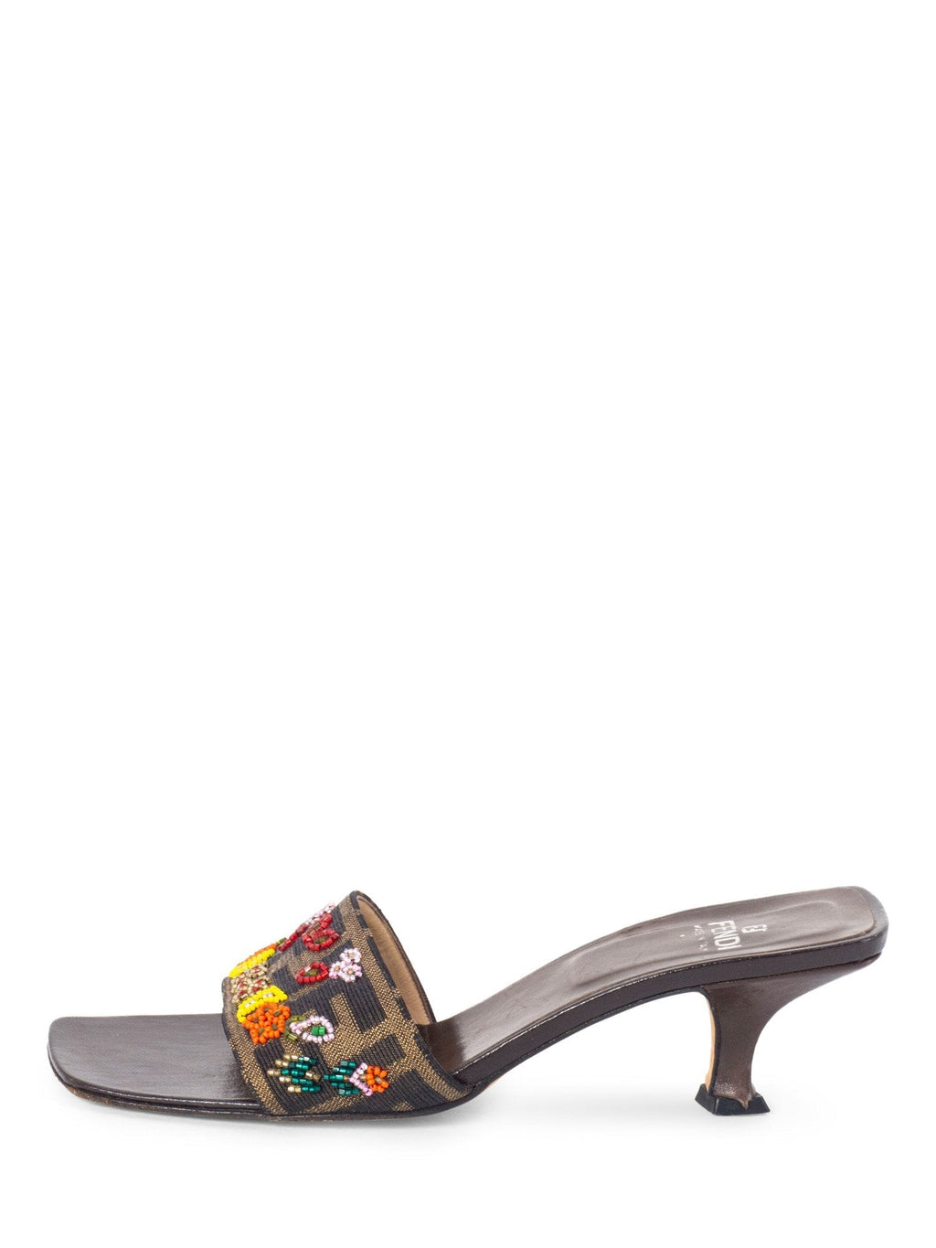 Fendi Monogram Zucca Beaded Kitten Heel Sandals Brown